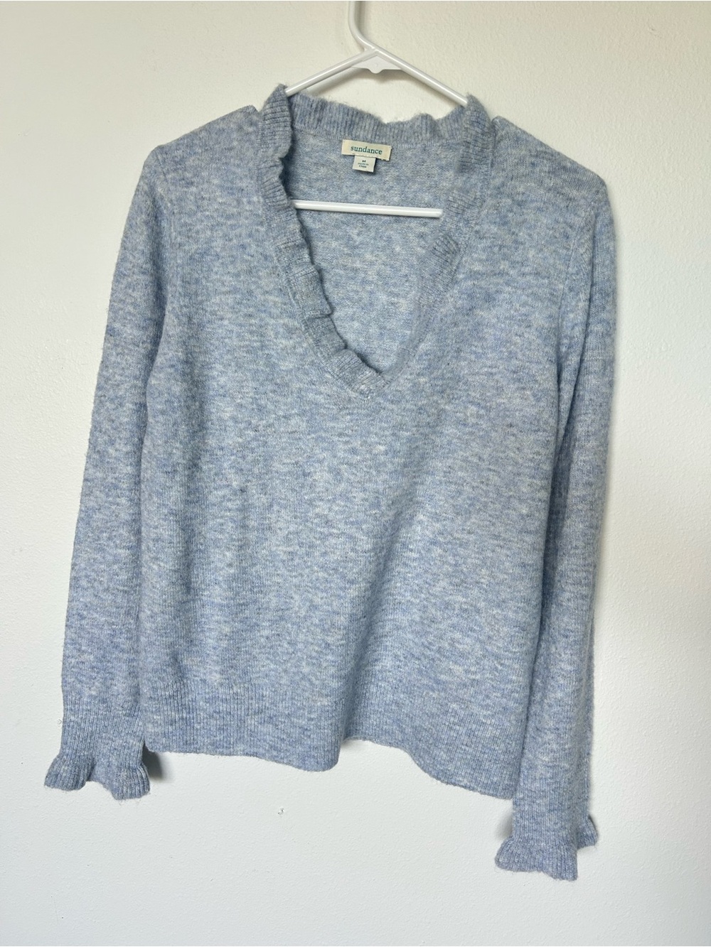 sundance Light Blue V-Neck Ruffle-Trim Sweater size Medium